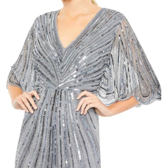 MAC DUGGAL Sequined V Neck Cape Sleeve Column Gown - Slate Blue, Size 14 - Picture 1 of 3